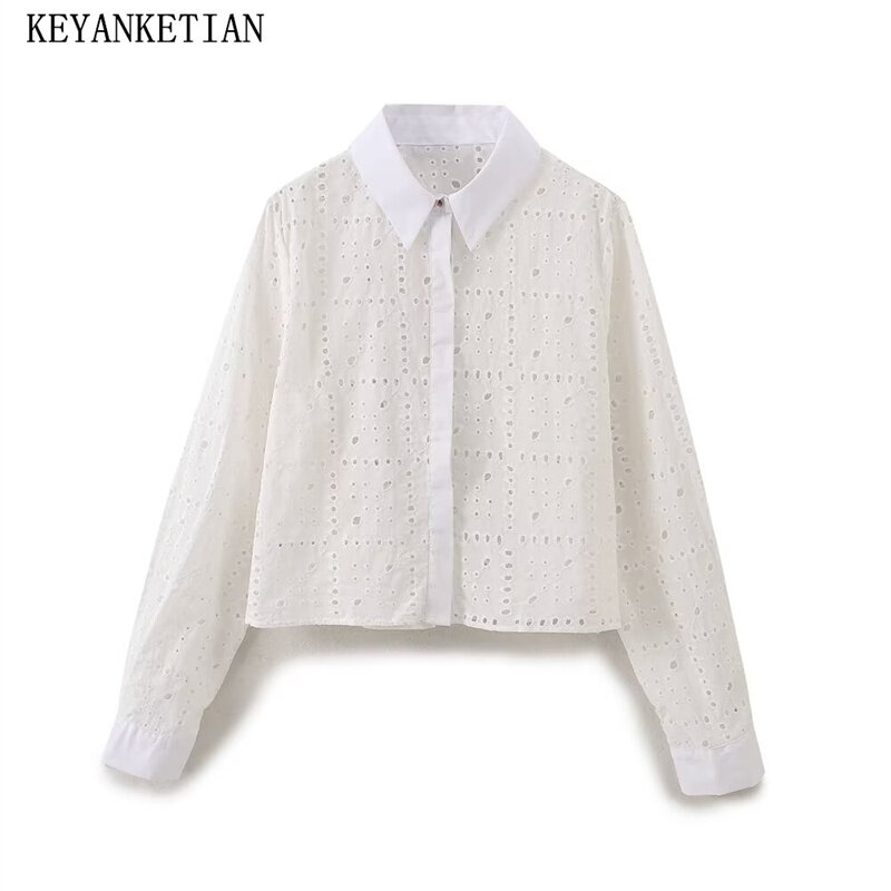 Keyanketian-قميص مطرز مجوف للنساء ، بصف واحد ، أكمام طويلة ، بلوزة قصيرة ، بلوزة قصيرة للعطلات ، إطلاق جديد ،