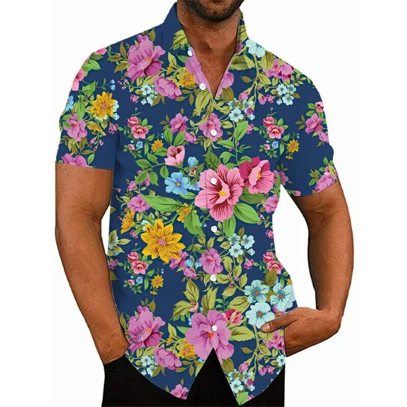 قميص شاطئ هاواي للرجال ، زهرة مطبوعة ثلاثية الأبعاد ، بلوزة مريحة ، أكمام قصيرة ، بلوزة ملابس الشارع ، موضة جديدة ، الصيف