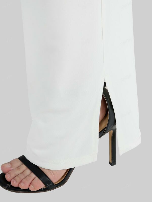 سروال نسائي واسع الساق ، أبيض ، زر ، جيوب مائلة ، جانب منقسم ، صلب ، بنطلون مقاس كبير