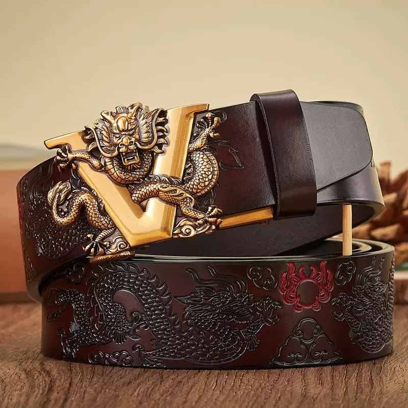 حزام جلد البقر الأصلي للرجال ، نمط تنين صيني ذكور ، حزام إبزيم أوتوماتيكي ، جديد ، من من من من من من من من جلد البقر
