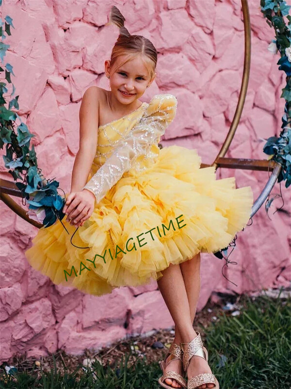 طبقات صفراء فستان منتفخ لطفلة ، فساتين زهرة فتاة ، فستان أميرة لطيف ، فستان حفل زفاف ، أطفال