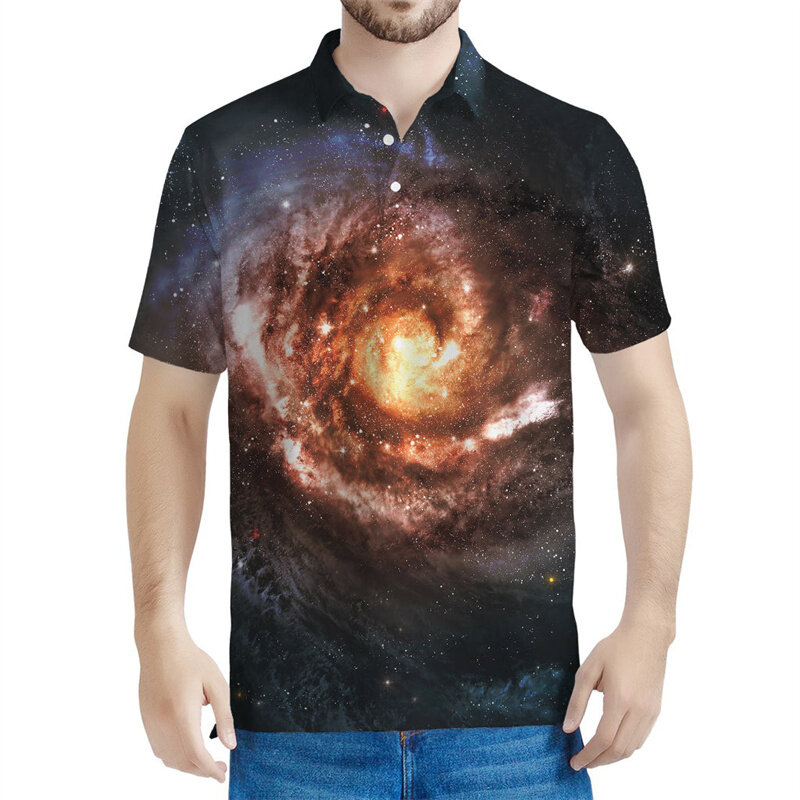 قميص بولو مجرة للرجال ، تيشيرتات فضائية بطباعة ثلاثية الأبعاد ، تيشيرت بأزرار غير رسمية ، أكمام قصيرة لطية صدر السترة ، الموضة