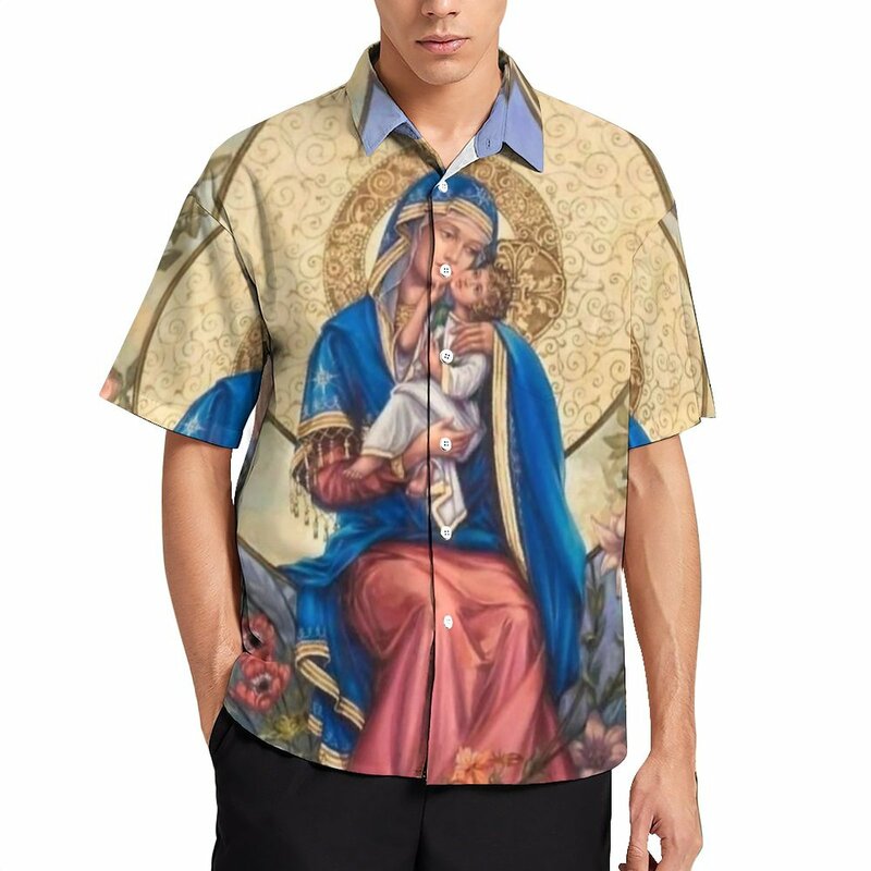 قميص شاطئ رجالي زهري بأكمام قصيرة ، ماري غود جيسوس هاواليان ، أزهار قوس قزح غير رسمية عذراء ، تخفيضات مسيحية أنيقة كبيرة الحجم