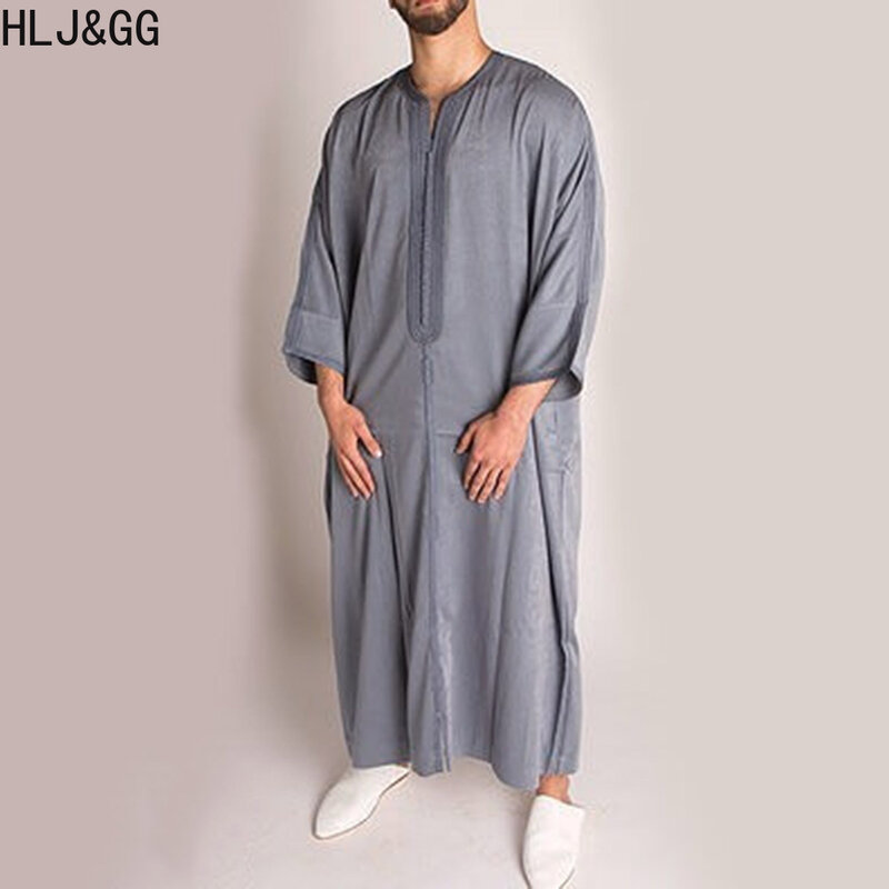 HLJ & GG ملابس مسلمة تقليدية عيد الشرق الأوسط جوبا ثوب رجالي ثوب عربي مسلم المملكة العربية السعودية بلوزة طويلة رمادي فستان