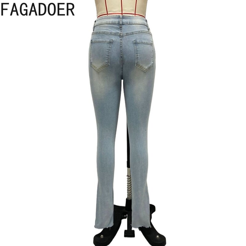 Fagadoer-سروال رصاص جينز أزرق فاتح للنساء ، جينز عالي الخصر مع ثقب ، مرن ، نمط رعاة البقر ، الموضة