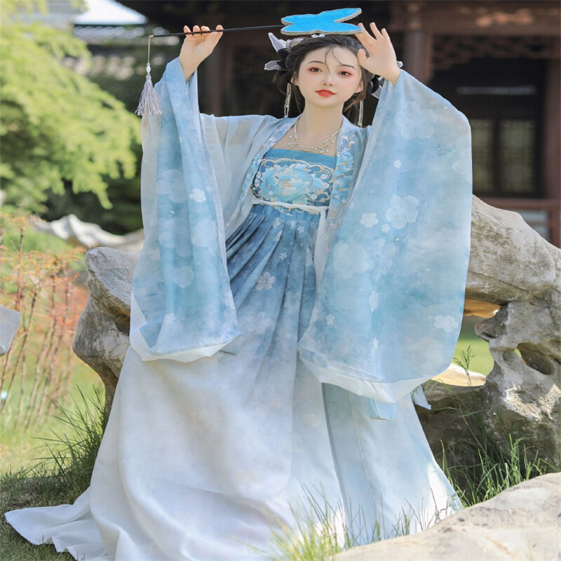 فستان أزرق صيني تقليدي للنساء ، هان ديناتسي هانفو للفتاة ، أميرة ، كم كبير عصري ، كيمونو ، كاب ، توبات مطرزة ، تنورة