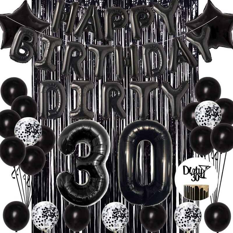 بالونات رقائق سوداء وأسطح كيك ، لافتة عيد ميلاد سعيد ، زينة حفلة عيد ميلاد 30 ، لوازم الحفلات