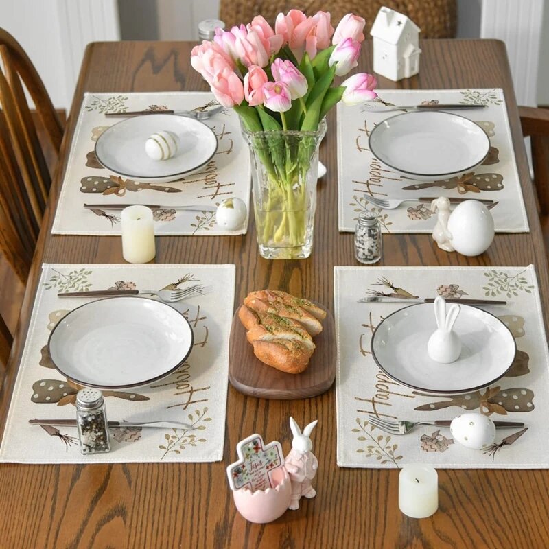 طاولة أرنب عيد الفصح ، قماش طاولة طعام أرنب كتان ، مكان ربيعي ، ديكور عطلة سعيدة للمنزل والمطبخ ،