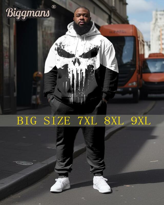 Biggmans-مجموعة لون الجمجمة للرجال بنطلون بأكمام طويلة هوديي ، ملابس بمقاسات كبيرة ، 7XL 8XL 9XL