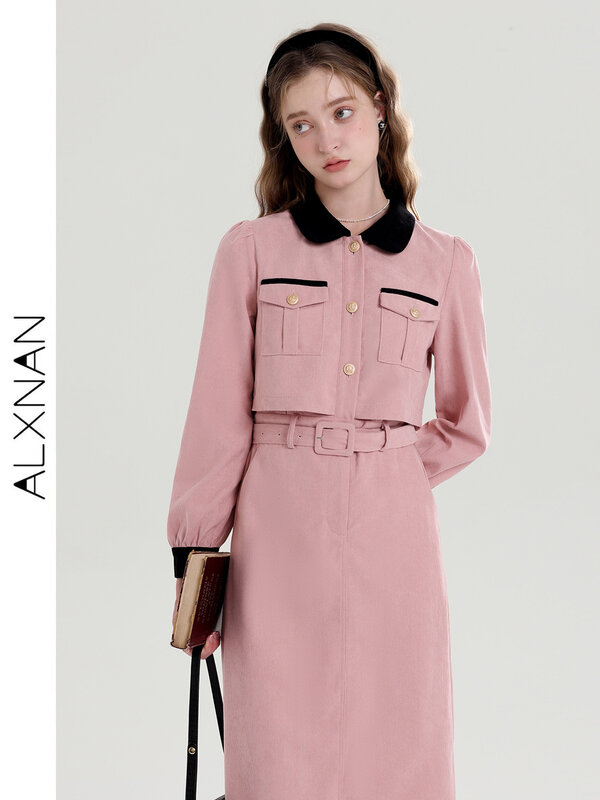 ALXNAN-فستان نسائي وردي بمزاج ، طية صدر ، أكمام طويلة ، حزام ، صدر واحد ، ملابس نسائية غير رسمية ، مكتب سيدة ، T00915 ، فستان