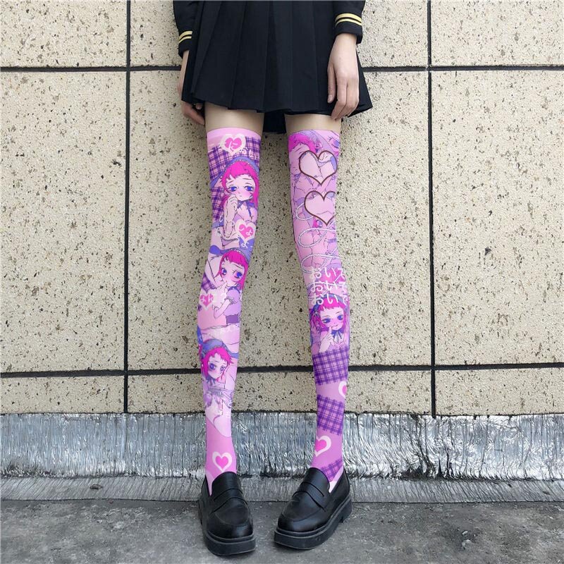 جوارب مطبوعة ثلاثية الأبعاد ثنائية الأبعاد بنمط harjocka للفتيات ، رسوم متحركة يابانية ، أنبوب عالي ، فوق الركبة ، موضة