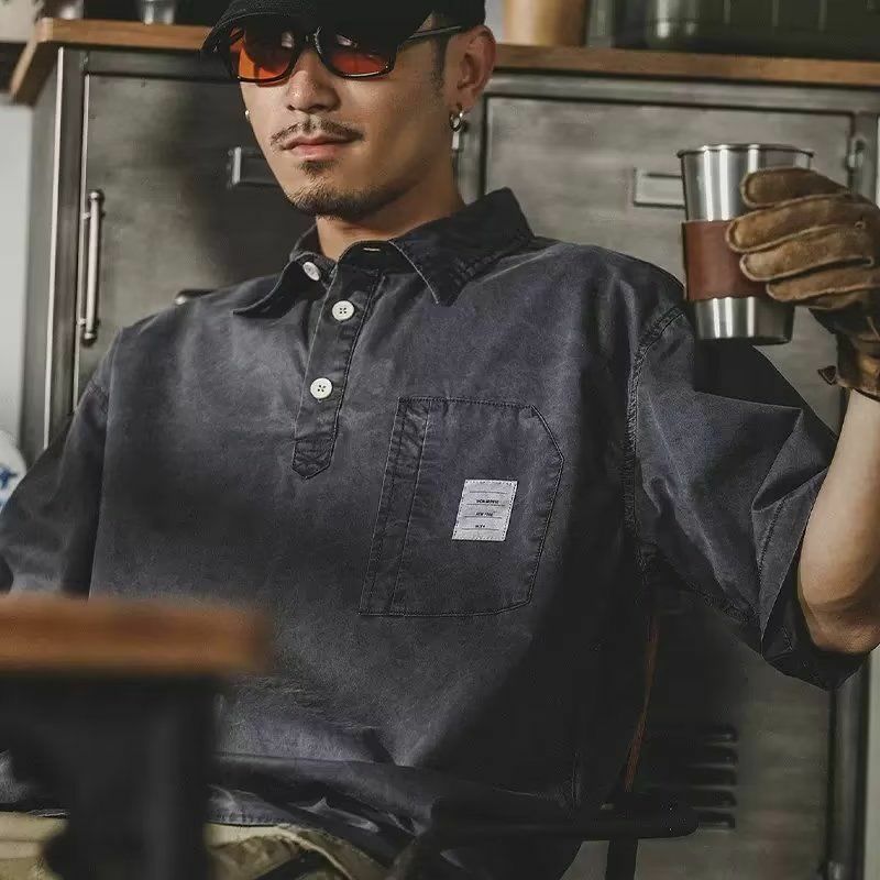 قميص بولو رجالي بأكمام قصيرة مغسول ، على الطراز الاميركي ، علامة أزياء صيفية ، صورة ظلية فضفاضة ، شركة يابانية نقية