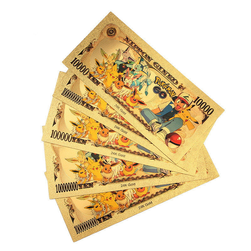 6-11 قطعة بطاقات البوكيمون بيكاتشو Pokeball الذهب الأوراق النقدية 10000 ين الذهب البلاستيك الأوراق النقدية لجمع ذاكرة الطفولة الكلاسيكية