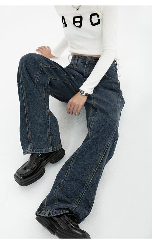 بنطلون جينز حريمي أزرق داكن على الموضة الأمريكية بتصميم عتيق وفضفاض مستقيم وواسع الساق من قماش الدنيم y2k سراويل نسائية