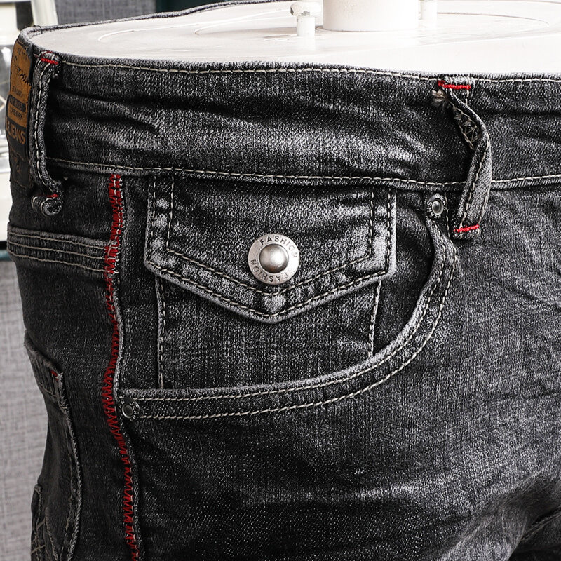 بنطلون جينز للرجال بتصميم عتيق من Streetwear جينز مضلع ضيق مرن باللون الأسود والرمادي بتصميم عتيق سروال دينم غير رسمي مطاطي للرجال