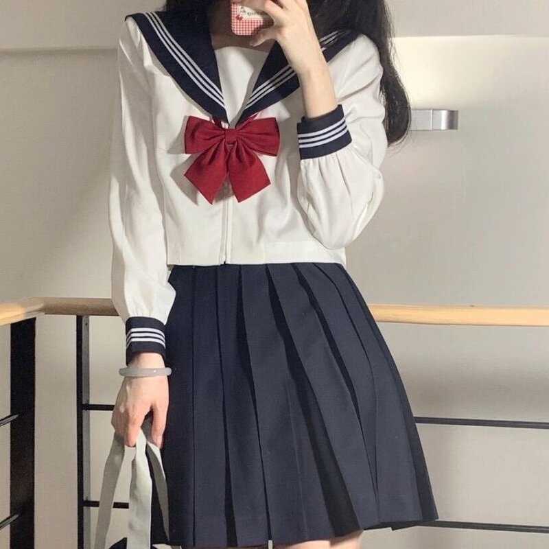 الزي المدرسي الياباني للنساء ، بدلة فتاة مثيرة Jk ، ثلاثة زي بحار أساسي ، كم طويل ، ربطة عنق حمراء بيضاء ، الربيع والخريف