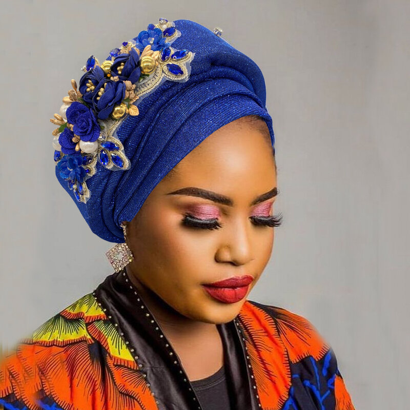 غطاء عمامة باقة رائعة للنساء الأفريقيات ، غطاء رأس Gele التلقائي ، يلتف الرأس النيجيري ، على استعداد لارتداء ، والأزياء النسائية