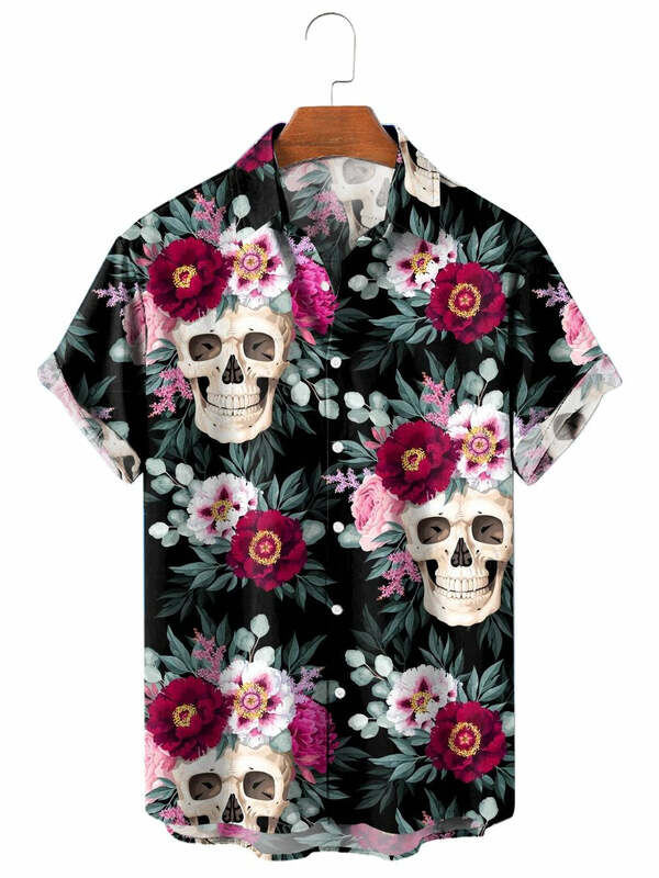قميص هاواي بأكمام قصيرة للرجال ، موضة لكل من الرجال ، جمجمة ، أزهار ، طباعة ثلاثية الأبعاد ، طية صدر السترة ، ملابس الشارع ، مضحك
