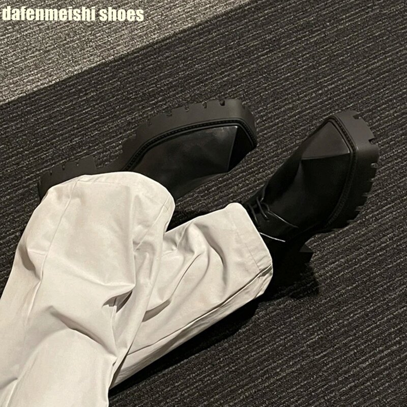 حذاء من الجلد الطبيعي للنساء ، منصة قرن وحيد القرن ، رباط أسود ، أزياء بمقدمة مربعة ، حذاء ديربي حديث ، جديد ،