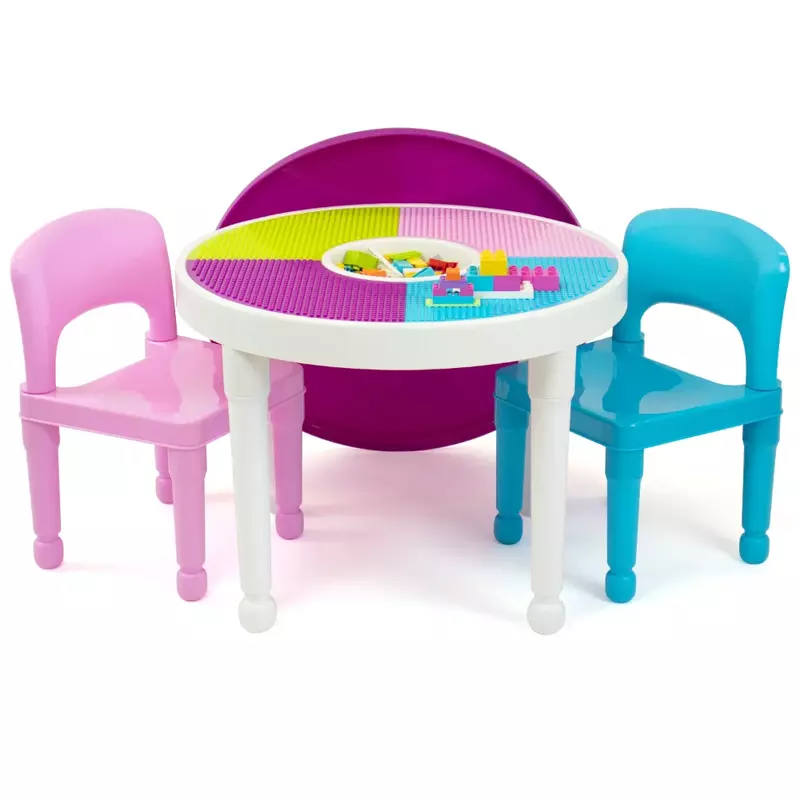 طاولة أنشطة بلاستيكية 2 في 1 للأطفال ومجموعة 2 كراسي ، مستديرة ، بيضاء ، زرقاء ووردية