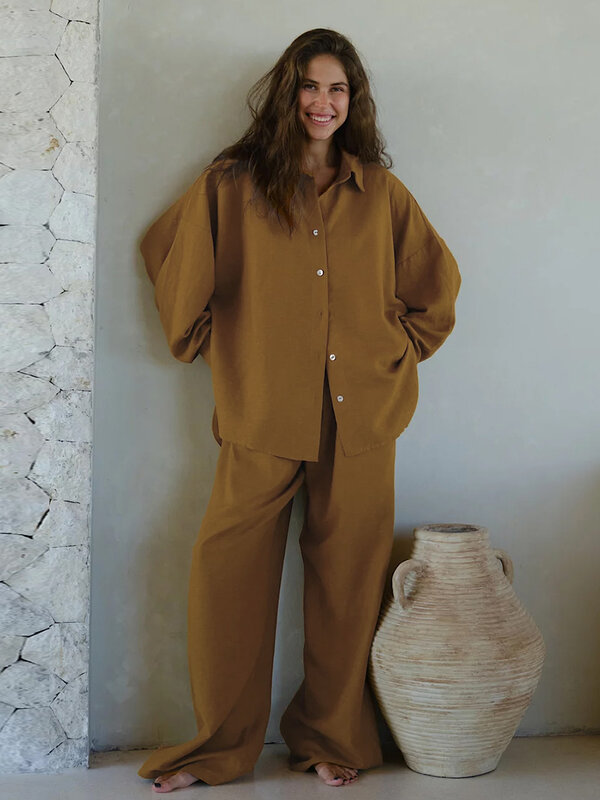Marthaqiqi-طقم قمصان نوم قطنية كاجوال للنساء ، ملابس نوم بأكمام طويلة ، ملابس نوم بياقة مطوية لأسفل ، سراويل بساق واسعة ، بيجامات فضفاضة
