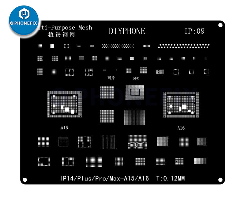 مجموعة استنسل Reballing Diyphone-BGA للآيفون ، الصلب الأسود ، رقاقة CPU IC ، شبكة لحام ، 15 ، 14 ، 13 ، 11 ، 12 Pro Max ، X ، XR ، 8P ، 8 ، 7P ، 6 ، قصدير