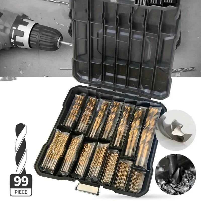 مجموعة مثقاب حلزوني مطلية بالتيتانيوم HSS مع حقيبة تخزين ، أعمال نجارة احترافية ، فتحة ثقب ، مثقاب كهربائي ، 99 قطعة