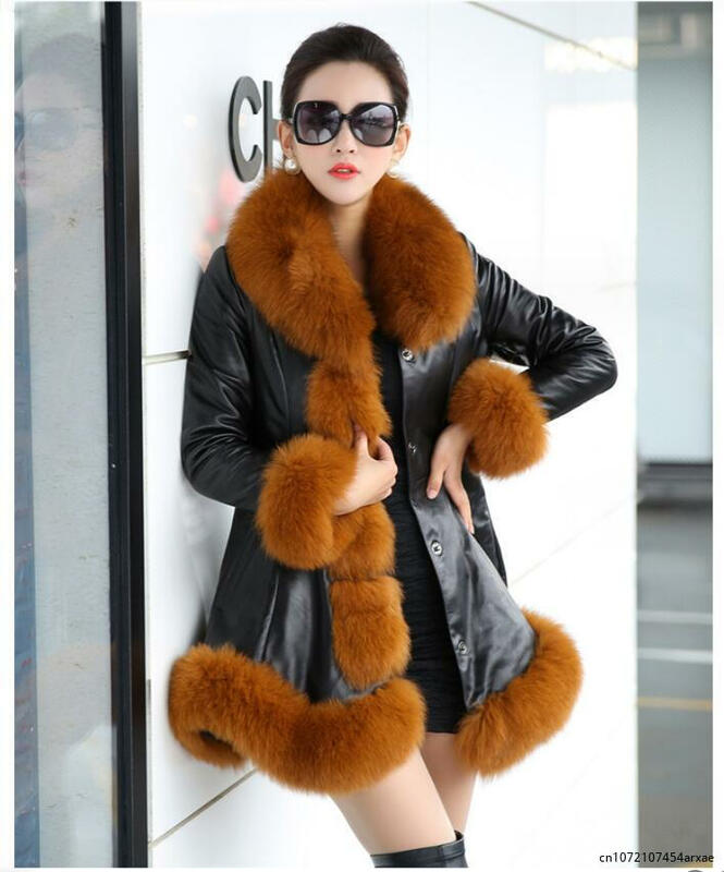 بولي Leather سترة جلدية مع فو الثعلب الفراء طوق للنساء ، سميكة معطف طويل ، الإناث السترات ، S-6XL ، الشتاء