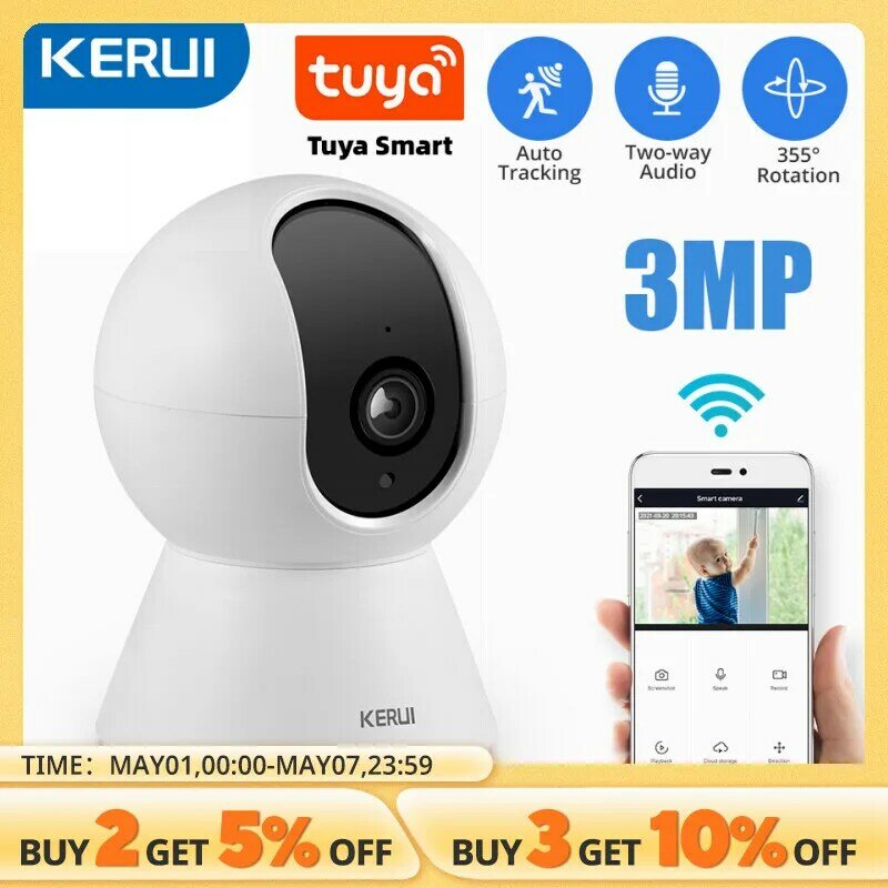 KERUI 3MP Tuya كاميرا IP صغيرة ذكية واي فاي داخلية لاسلكية لأمن المنزل AI الكشف عن الإنسان كاميرا مراقبة ctv تتبع السيارات