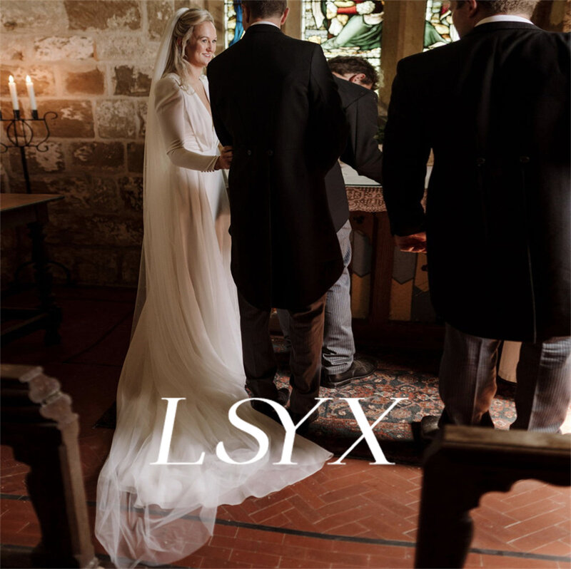 LSYX-فستان زفاف حورية البحر ذو رقبة عميقة على شكل v وأكمام طويلة من الكريب ، فستان مفتوح من الخلف ، فستان زفاف مقطوع ، مصنوع حسب الطلب