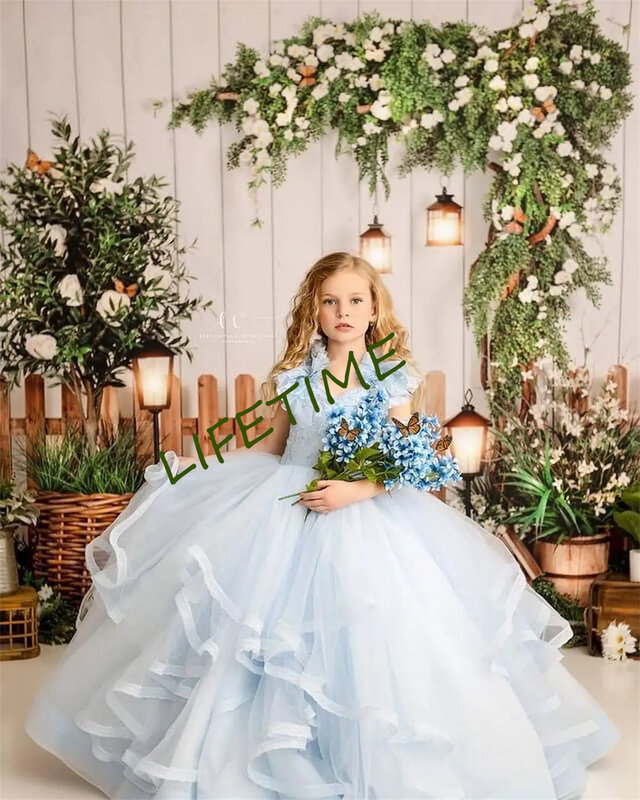 فستان بناتي بزهور زرقاء فاتحة ، تنورة من التل الأورجانزا ، فستان حفلة أميرات مكشكش ، زهور فاضية للأطفال ، حفل زفاف