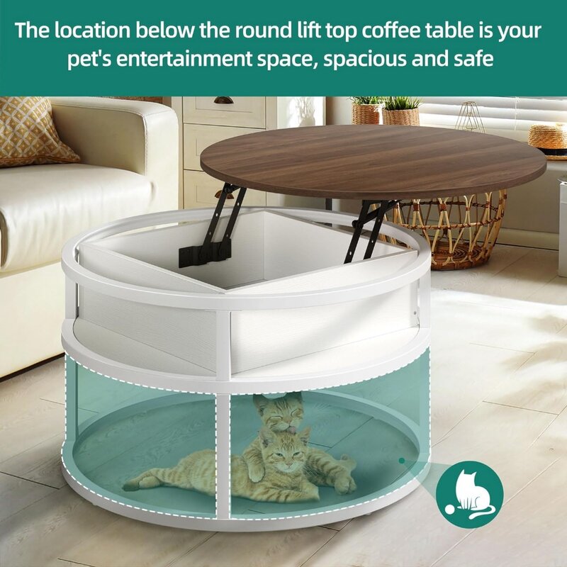 طاولة قهوة مستديرة أعلى رفع لغرفة المعيشة مع تخزين ، طاولات قهوة بنية وبيضاء ، تخزين