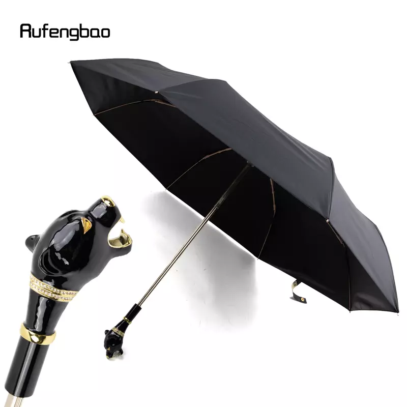 مظلة بمقبض فهد أسود للرجال والنساء ، مظلة أوتوماتيكية ، قابلة للطي ، حماية من أشعة فوق بنفطية ، للأيام المشمسة والممطرة