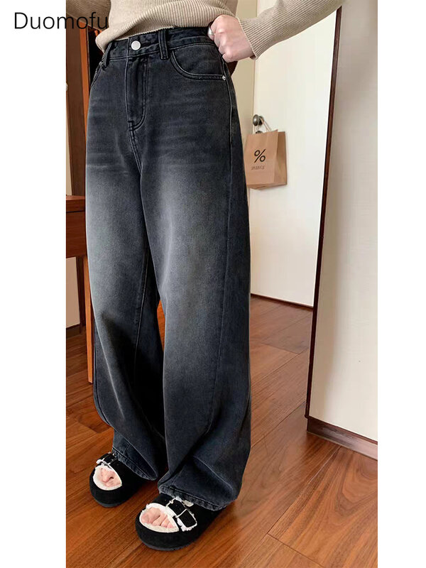 Duomofu جينز فضفاض مستقيم مغسول من للنساء خريفي أساسي بطول كامل الموضة بسيط ضيق بنطلون جينز عالي الخصر للإناث