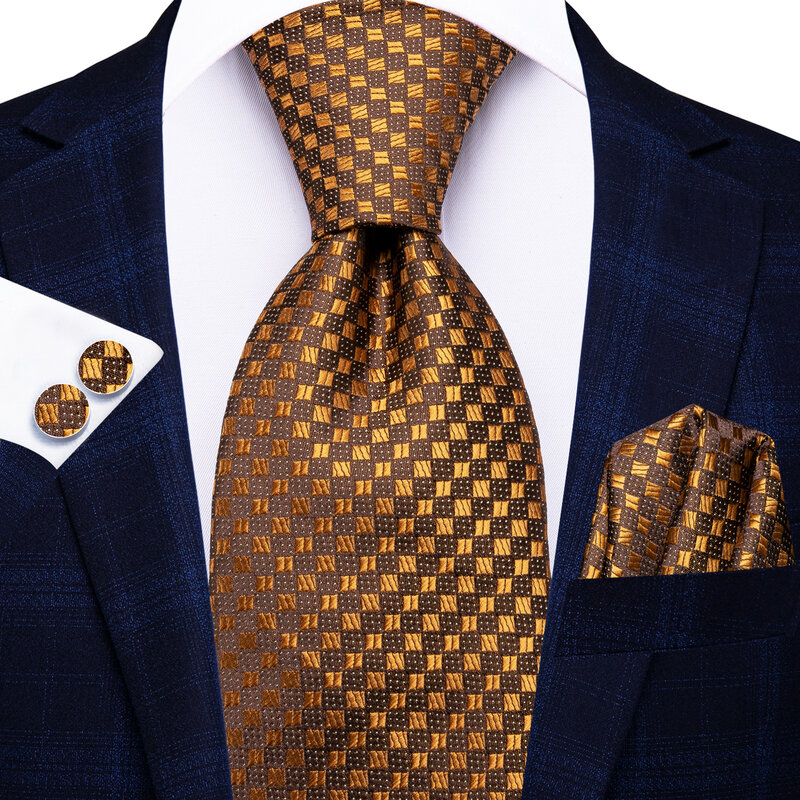 ربطة عنق جاكار مرصعة باللون البني والذهبي للرجال ، ملحق ربطة عنق أنيق ، طقم أزرار أكمام منديل ، حفل زفاف للأعمال