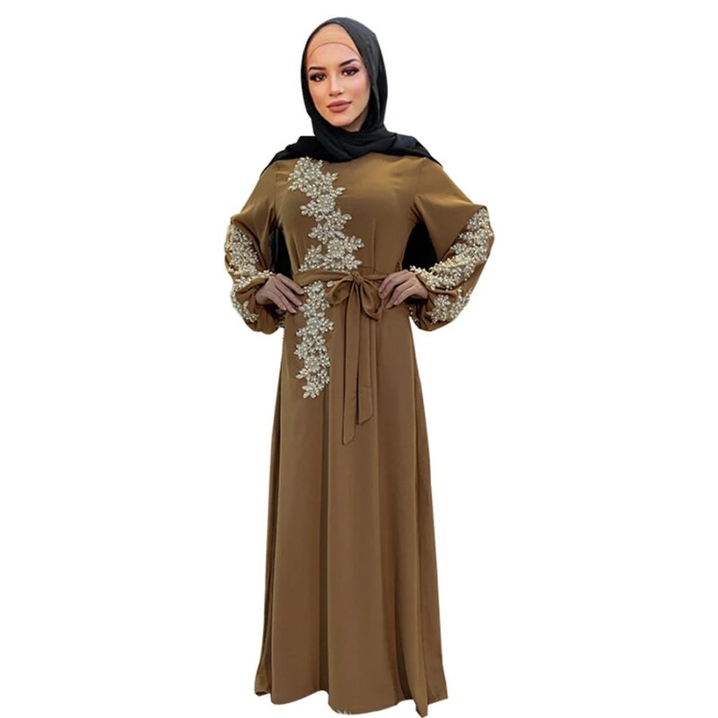 فستان طويل نسائي مزين بالخرز من الدانتيل الزهري ، عباية إسلامية ، قفطان بأكمام طويلة ، حجاب دبي