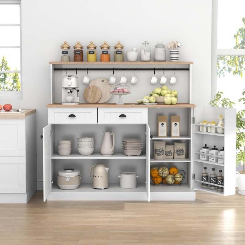 خزانة بوفيه جانبية مع أرفف قابلة للتعديل ، درجان ، خزانة مطبخ مزرعة ، خزانة بار قهوة