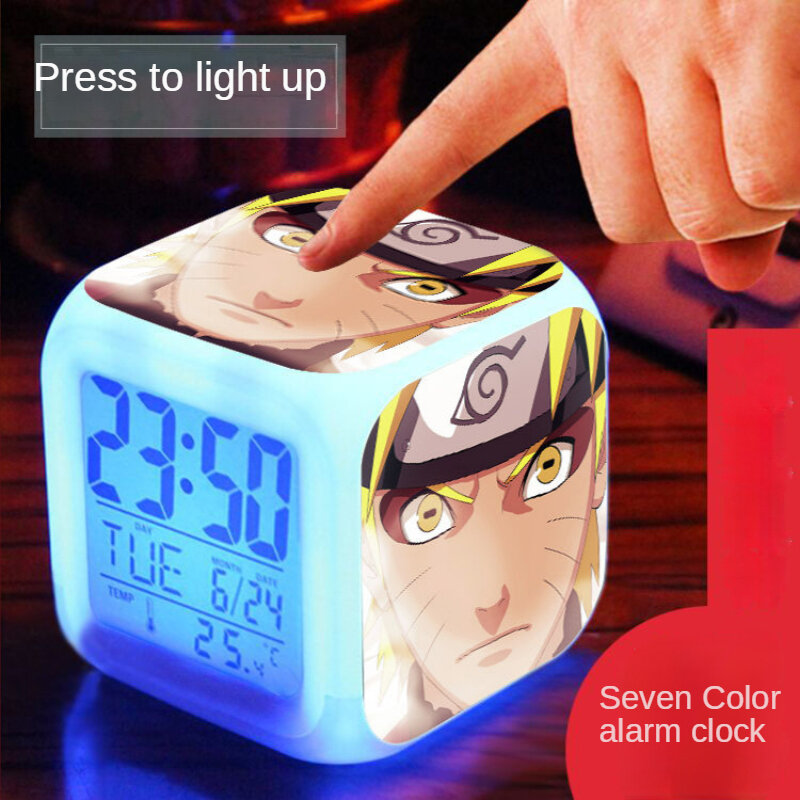 Anime Naruto Uchiha Sasuke Student Cartoon Creative Luminous Alarm Clock Colorful Luminous Temperature Display Alarm Clock