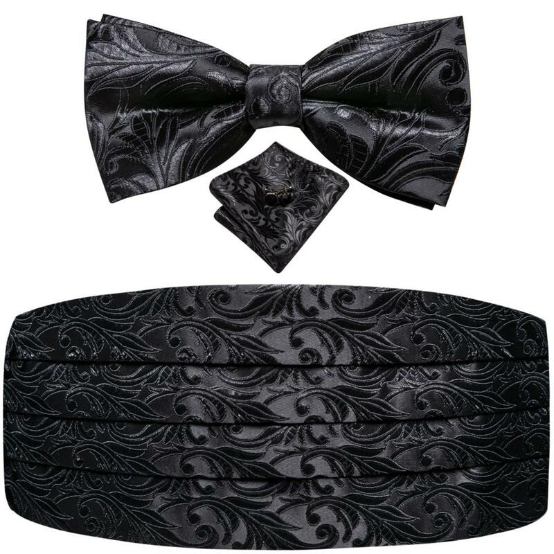 أسود الأزهار الصلبة Cummerbund للرجال ، مصمم فاخر ، مرحبا التعادل ، مجموعة ربطة القوس Tie ، مشد سهرة رسمية ، حزام مطاط للرجال ، Cummerbunds الزفاف