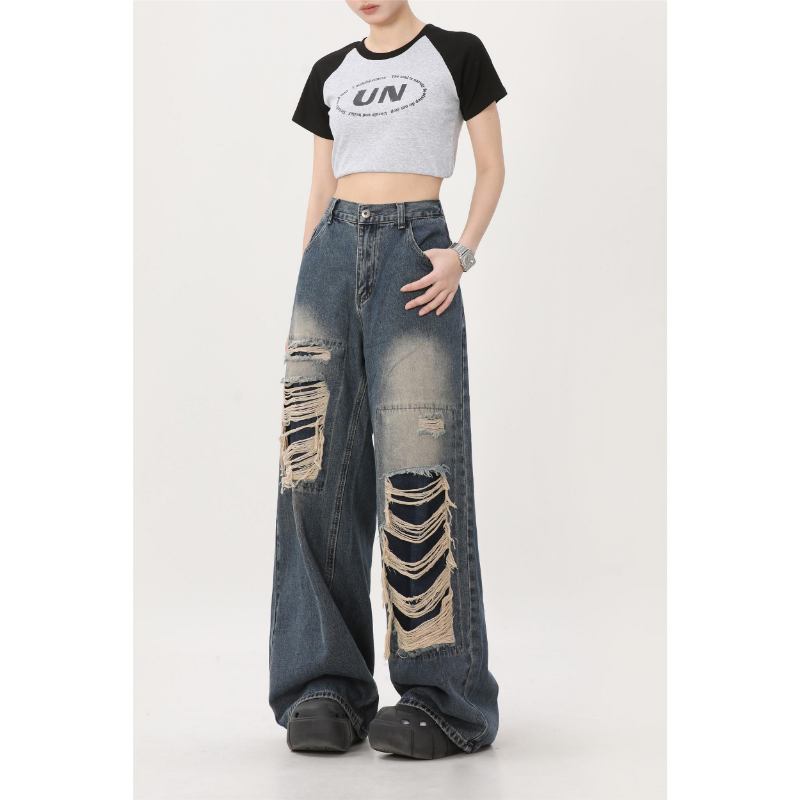 بنطلون جينز حريمي ممزق عتيق من هاي ستريت Y2K بتصميم أمريكي فضفاض مغسول بأرجل مستقيمة وسراويل واسعة وجيوب