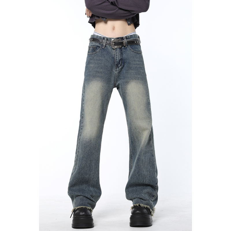 موضة 2023 بنطلون جينز واسع الساق جينز عتيق أزرق بخصر عالٍ للسيدات بنطلون أمريكي نسائي بنطلون مستقيم فضفاض من قماش الدنيم