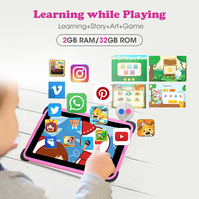 أجهزة لوحية للأطفال 7 بوصة بنظام تشغيل أندرويد 11 إصدار 1024*600 شاشة عالية الوضوح مع معالج Ouad Core وخاصية Wifi مزدوجة وذاكرة وصول عشوائي 2 جيجابايت وذاكرة قراءة فقط 32 جيجابايت مناسبة كهدية للأطفال
