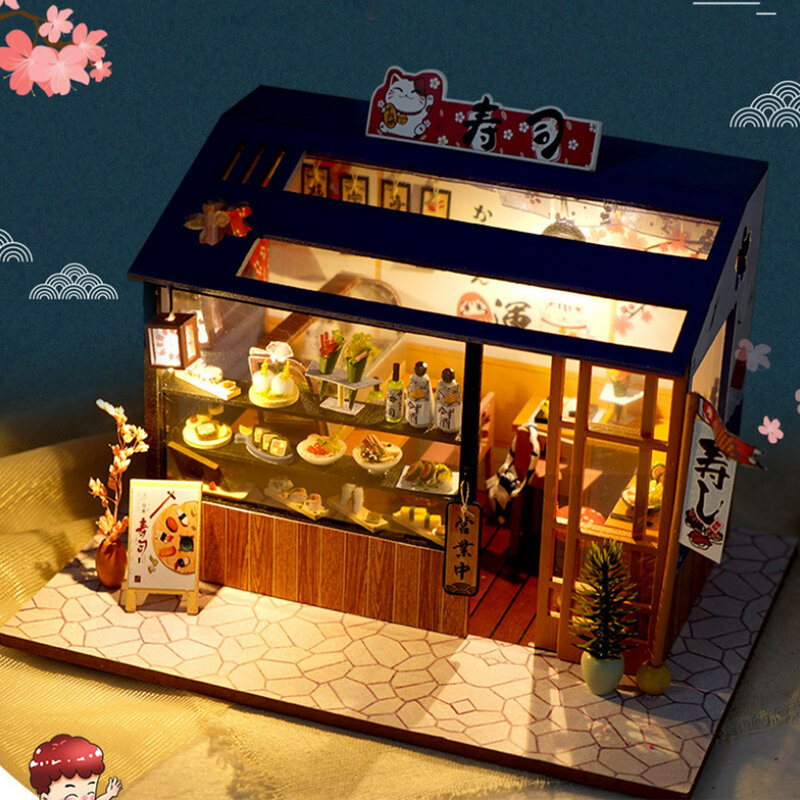 متجر سوشي ياباني لتقوم بها بنفسك دمية مصغرة مع الأثاث المنمنمات السوشي منزل دمية لعب للأطفال هدايا الفتيات