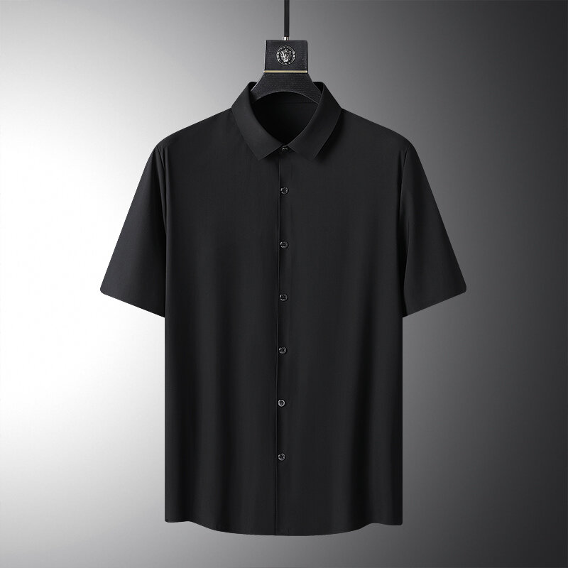 حجم كبير 8XL الصيف الرجال بلون قصيرة الأكمام قميص مرونة فضفاضة عادية أسود أبيض سريعة الجافة الحرير قمصان الذكور