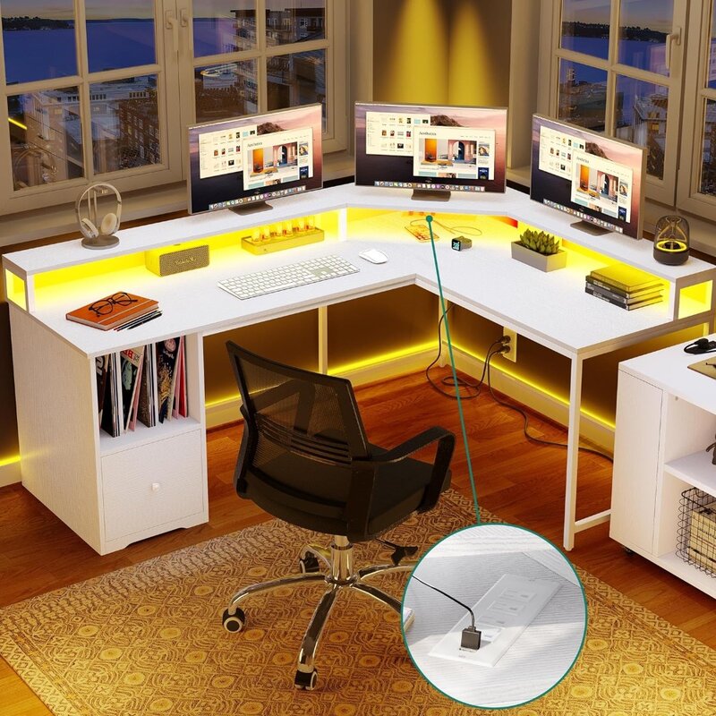 مكتب على شكل أو مع منافذ طاقة ومصابيح ليد ، كمبيوتر مع درج ملفات ، مكتب زاوية للمنزل والمكتب ، 67 في