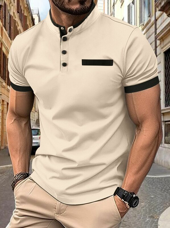 قميص بولو رجالي بأكمام قصيرة منقوش بأزرار ، ياقة قائمة ، أحادي اللون ، موضة صيفية ، جودة عالية ، جديد