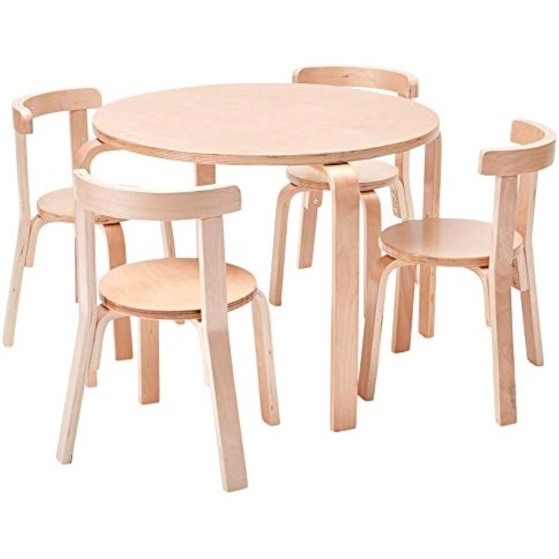 طاولة مستديرة طبيعية من Bentwood وكرسي خلفي منحني ، طقم أثاث للأطفال ، 5 من ECR4Kids