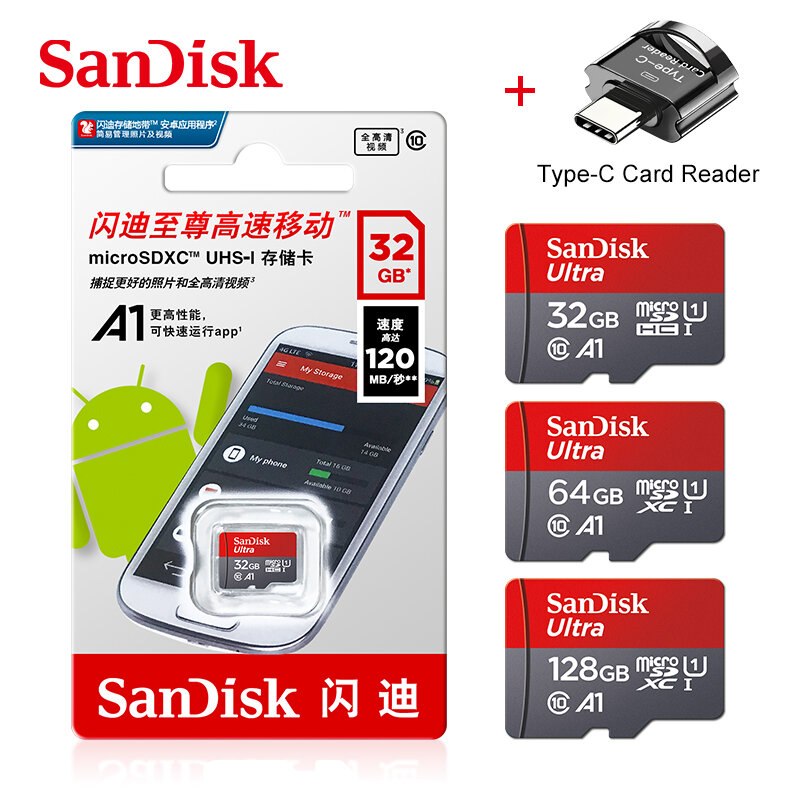 سانديسك-بطاقة ذاكرة أصلية فائقة ، MicroSDHC ، الفئة 10 ، بطاقة TF ، محول Type C ، 100 Mbps ، MicroSDXC ، UHS-I ، A1 ، 32GB ، 64GB ، 128GB