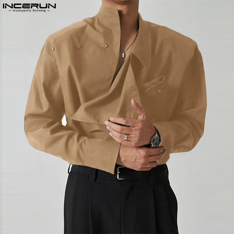 INCERUN-قميص رجالي بياقة ثابتة أحادية اللون غير منتظمة ، قميص فضفاض بأكمام طويلة ، ملابس رجالي غير رسمية ، ملابس خروج عصرية ، 2023