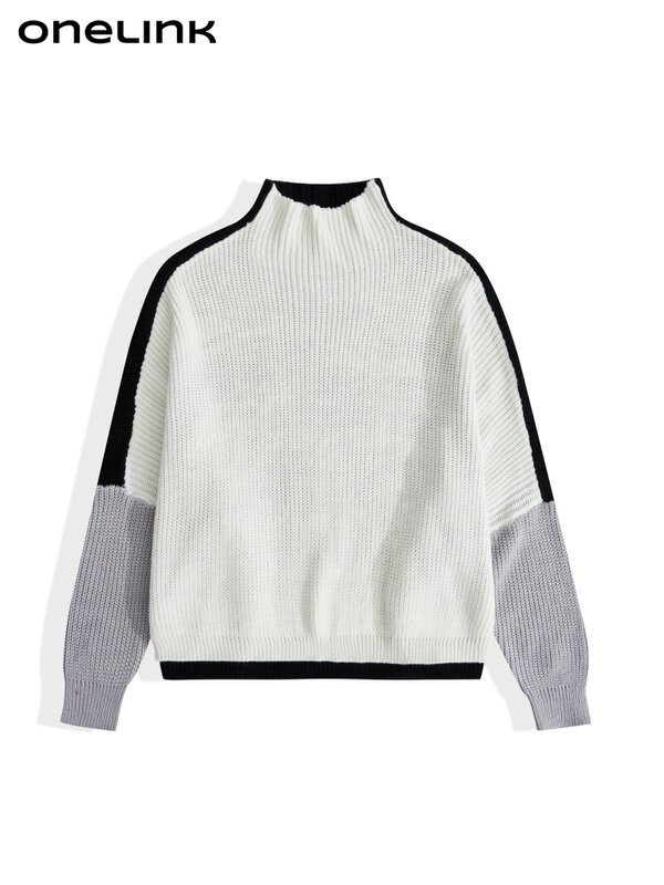 ONELINK طوق وهمية أبيض أسود رمادي حجم كبير الخريف الشتاء 2022 البلوز المرأة SweaterOffice سيدة كبيرة الحجم الصوفية الملابس